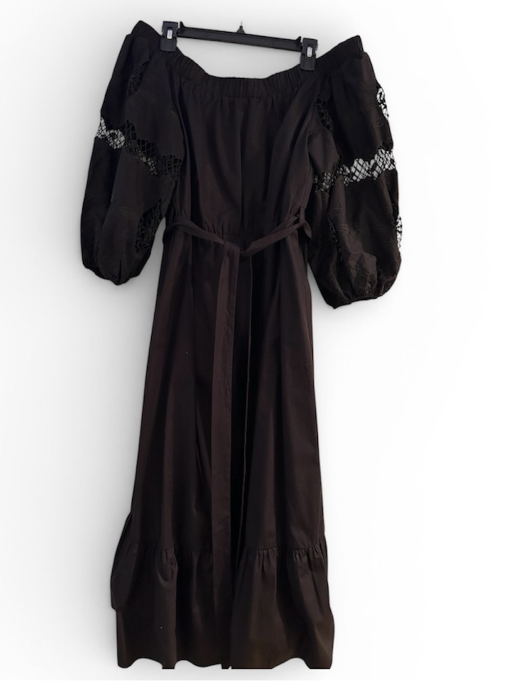 Off-Shoulder Black Peasant Maxi Dress with Puff Sleeves